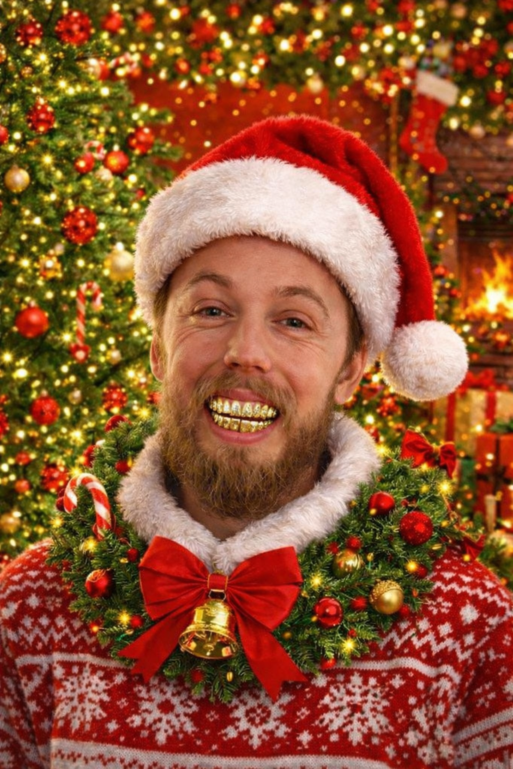 A festive portrait in a Santa hat by a Christmas tree